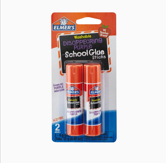 Elmer's Barras de Pegamento Escolar Morado Que Desaparece, Lavables, Paquete de 2